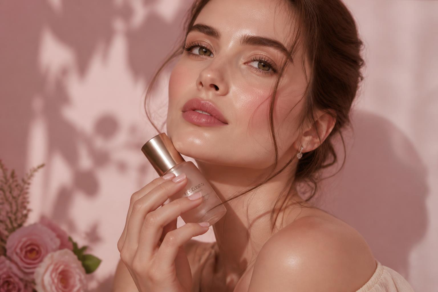 A woman holding a luxury skincare bottle with soft blush lighting