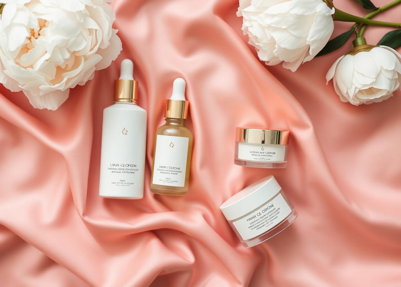 Flat lay of skincare products on blush silk